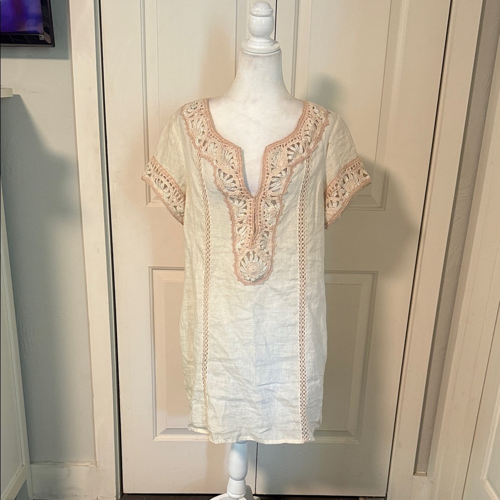 Calypso St. Barth Cream Tunic with Pink Embroidery